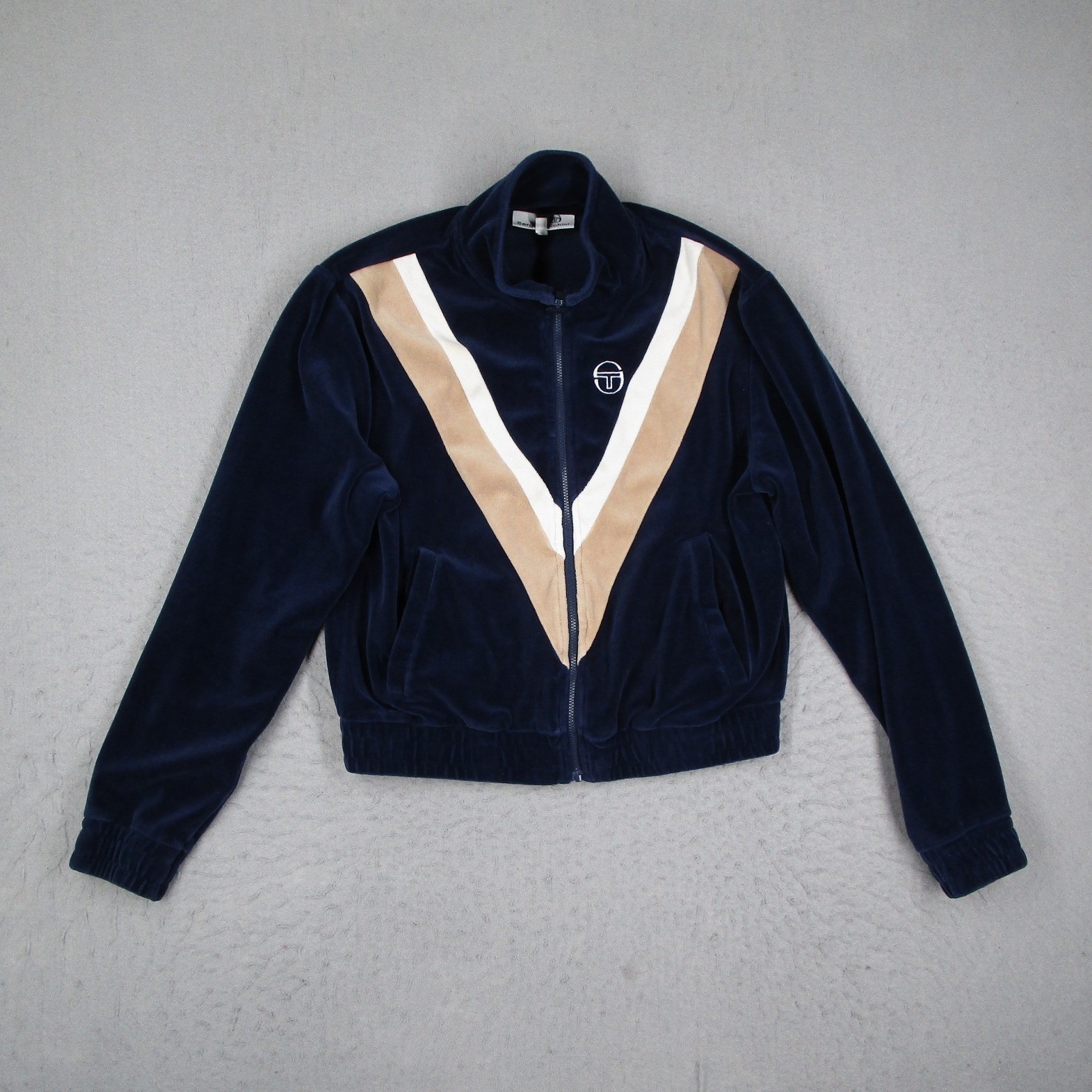 Sergio Tacchini Womens Velour Track Jacket Navy Blue Chevron Full Zip Size Large